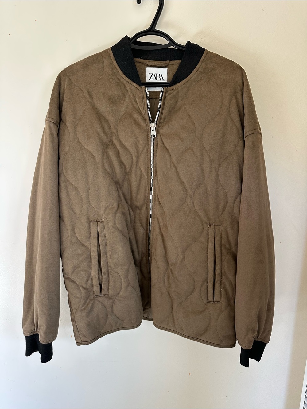 Zara Quilted Bomber Jacket in Taupe with Black Trim